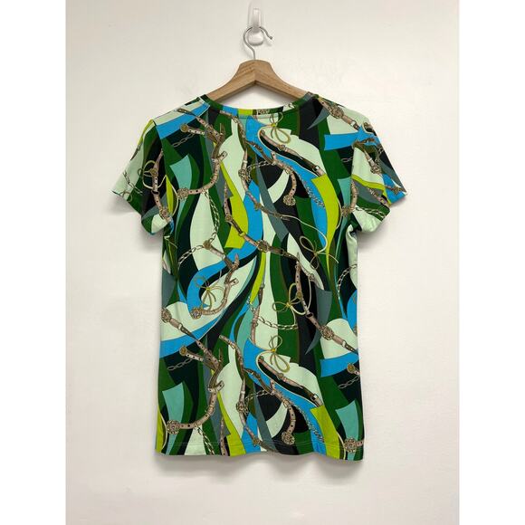 L’Agence Ressi Sea Green Equestrian Belt Swirl Colorful Print Luxury T-Shirt Med - Picture 3 of 11
